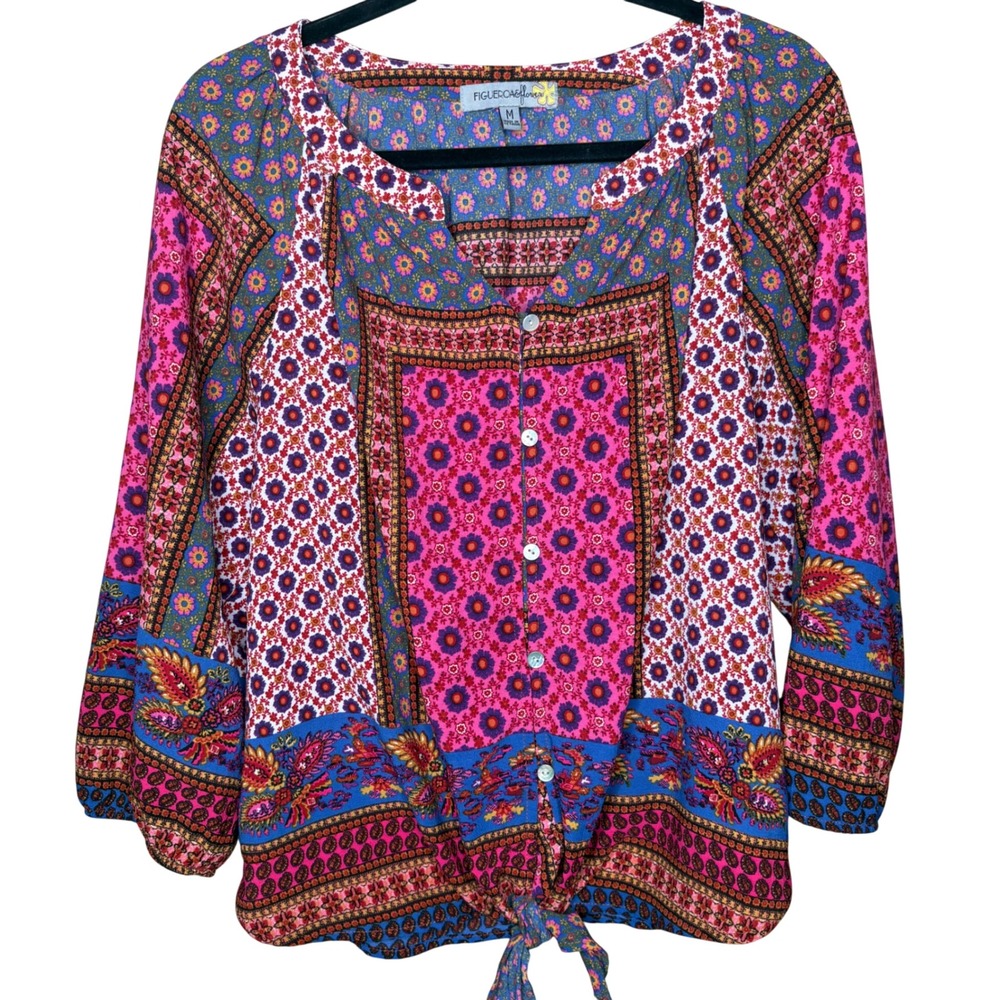 Figueroa & Flower Womens M Boho Patchwork Floral Button Front Tie Hem Blouse